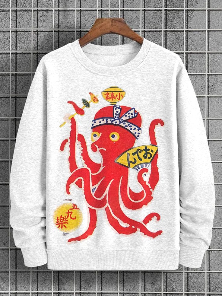 Men's Funny Octopus Japanese Art Print Cotton Casual Sweatshirt