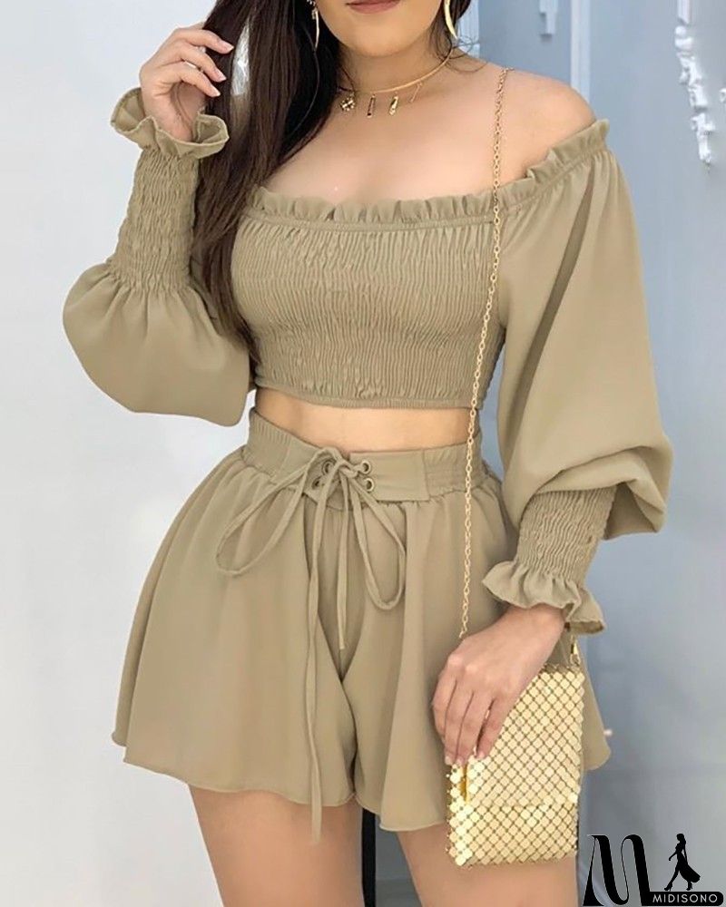 MidiSono - Women Fashion Sexy Off Shoulder Long Sleeve Top Shorts Two-Piece Set