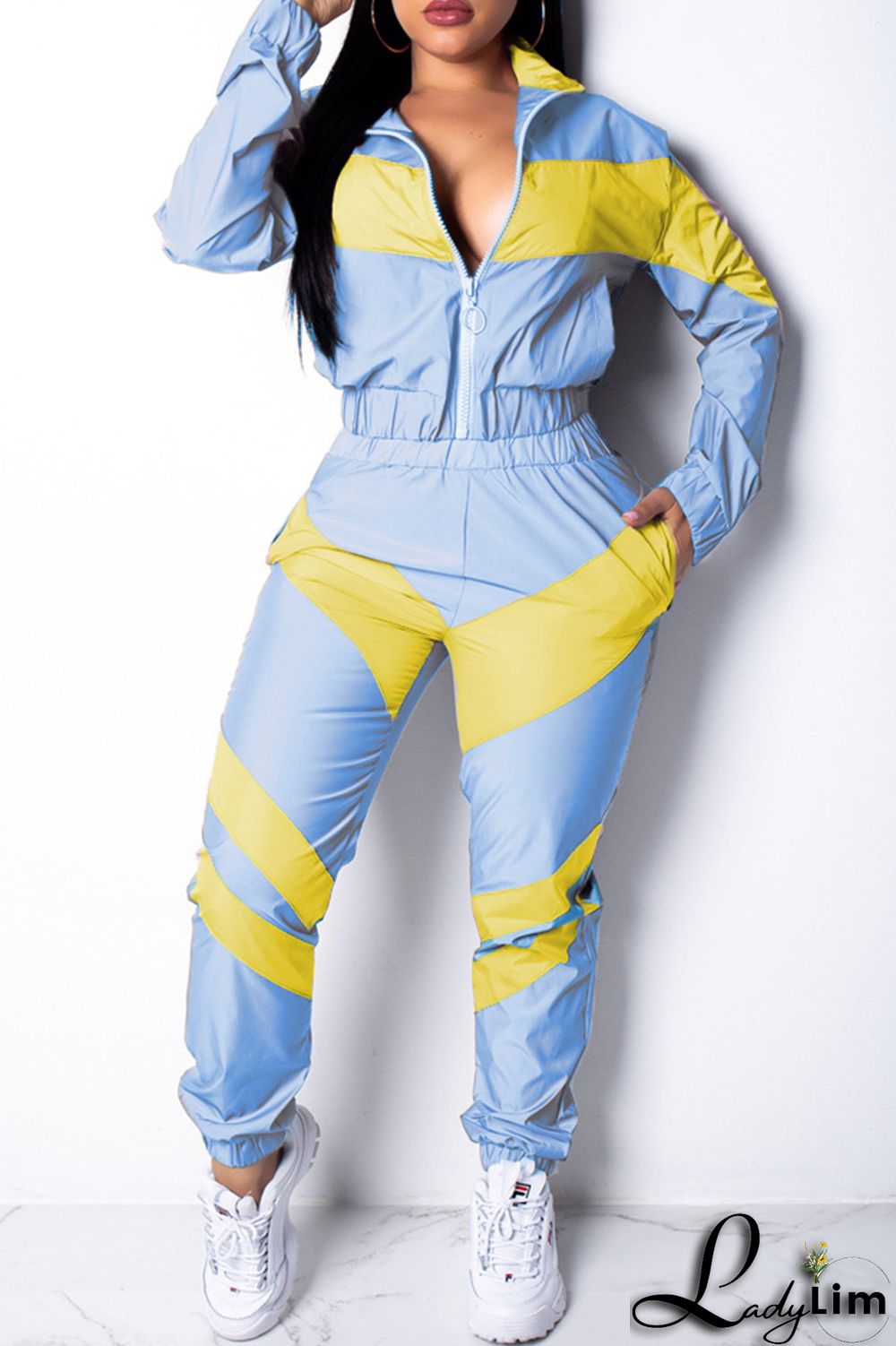 Blue Fashion Casual Patchwork Solid Split Joint Zipper Collar Long Sleeve Two Pieces(Without Pocket)