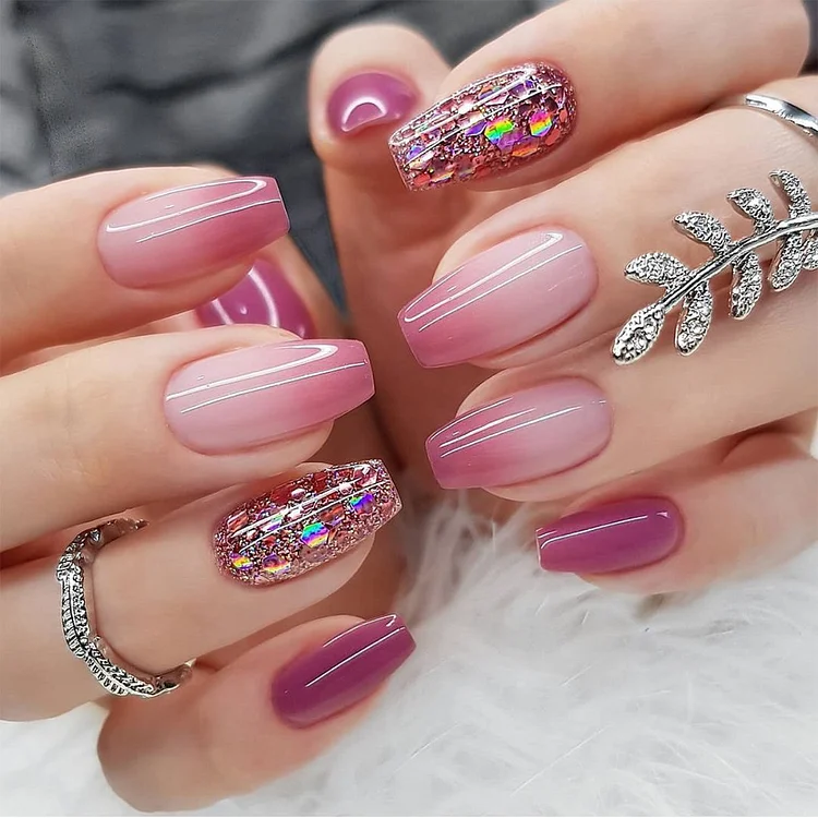 24pcs/Set Purple Pink Gradient Wearable Manicure Nails Press On Nails