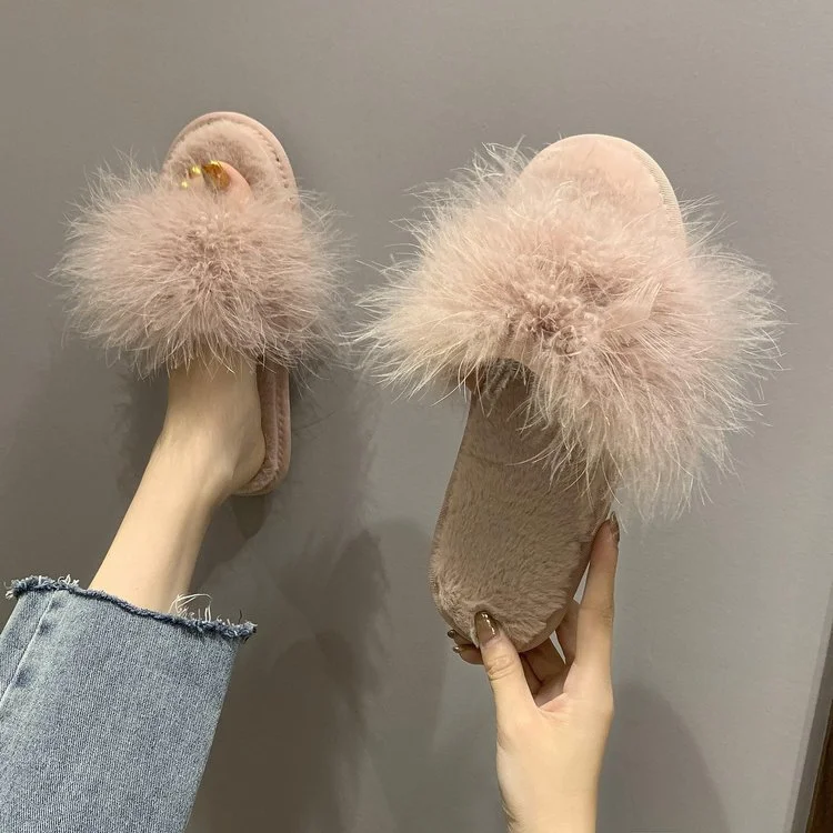 Wongn Wongn Cool Slippers Female Wear Ins Autumn Winter New Korean Version Of Fashion Casual Fire Chicken Feather Word Cool Drag Female