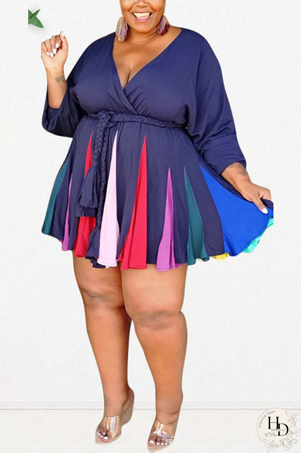 Yellow Sexy Print With Belt V Neck A Line Plus Size