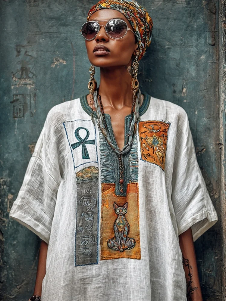 Egyptian Ankh Patterned Women's Linen V-neck T-shirt