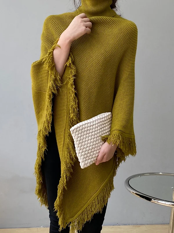 Casual Loose Tasseled Solid Color High-Neck Sweater Tops