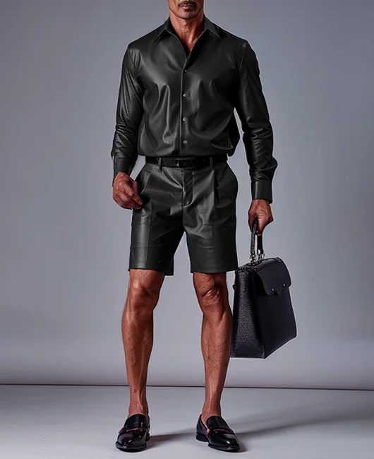 Okaywear Business Soft Leather Shirt & Shorts 2Pcs Set 