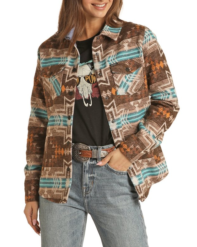 Rock & Roll Cowgirl Women's Aztec Print Boyfriend Fit Shirt Jacket