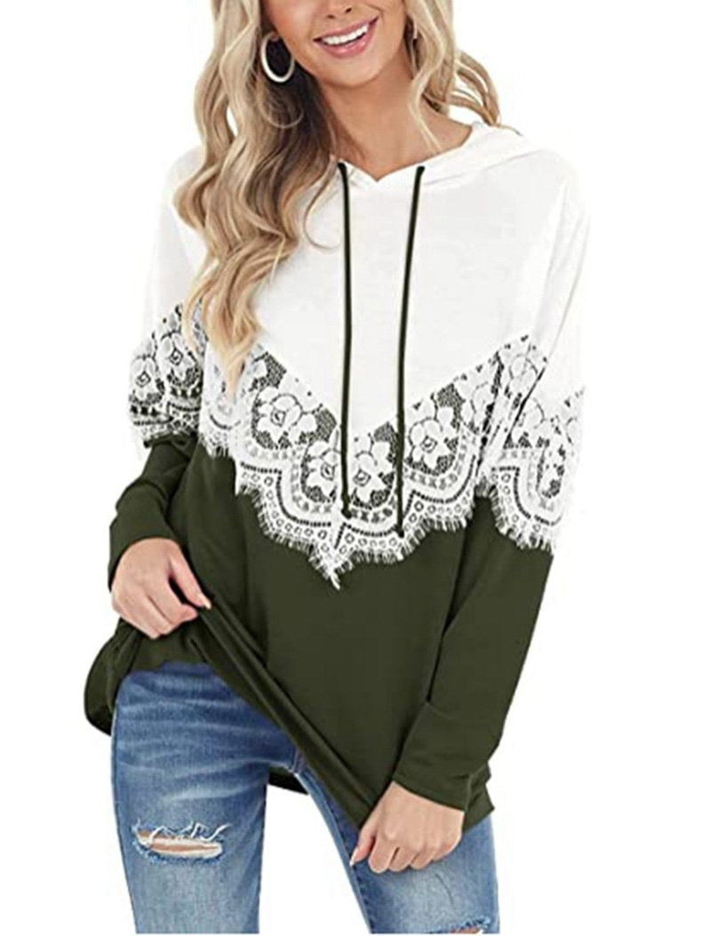 Women's Scoop Neck Long Sleeve Lace Color Matching Hooded Sweater Top