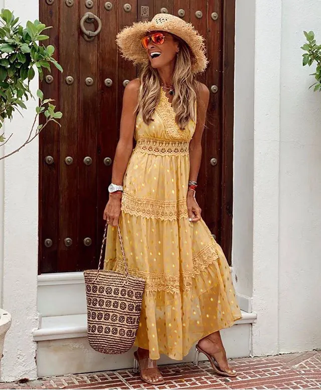 Uveng Uveng New Women's Dress Wish Sexy Deep V Sleeveless Chiffon Dress Splicing Mid-Long Dress