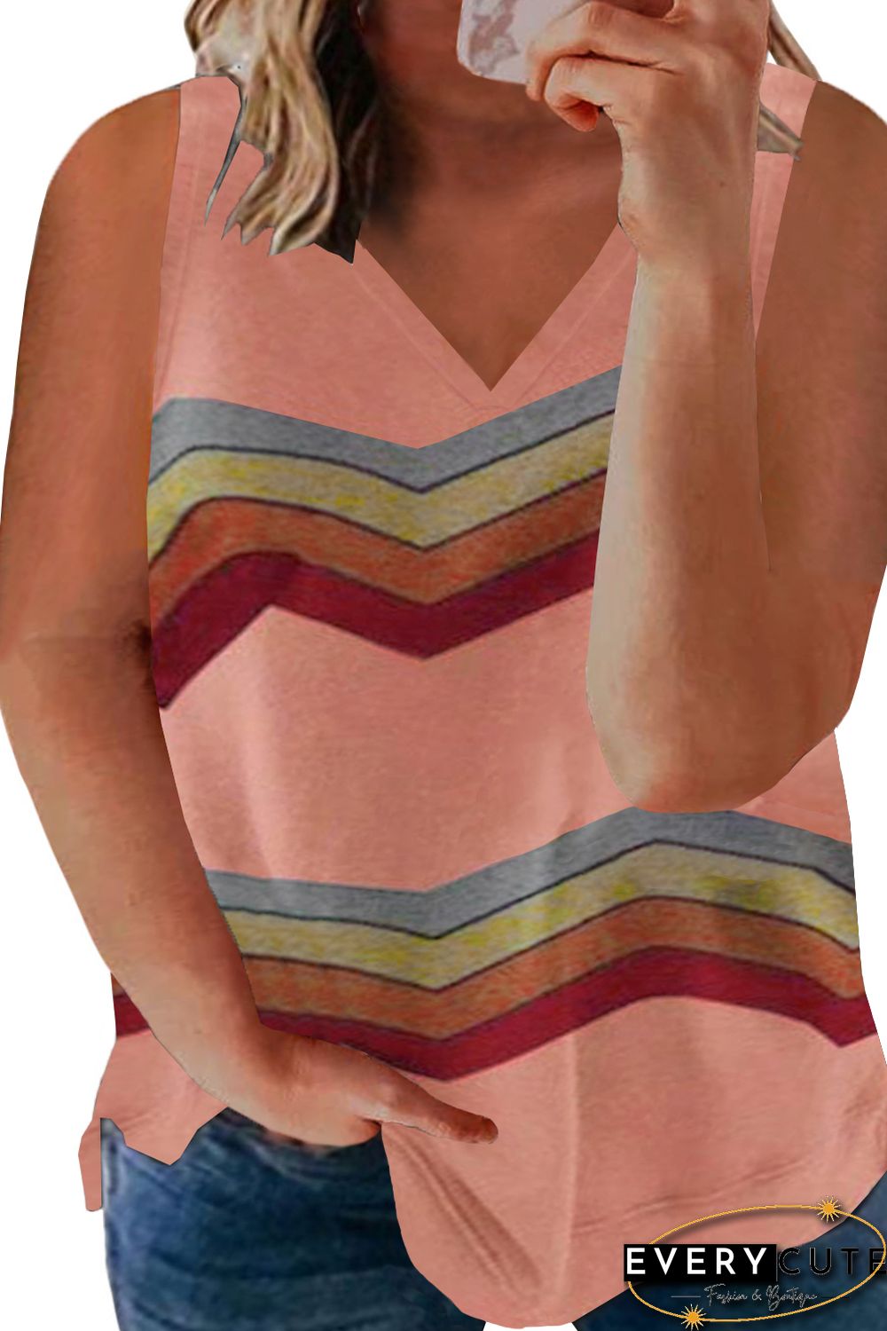 Pink Striped Colorblock V Neck Plus Size Tank