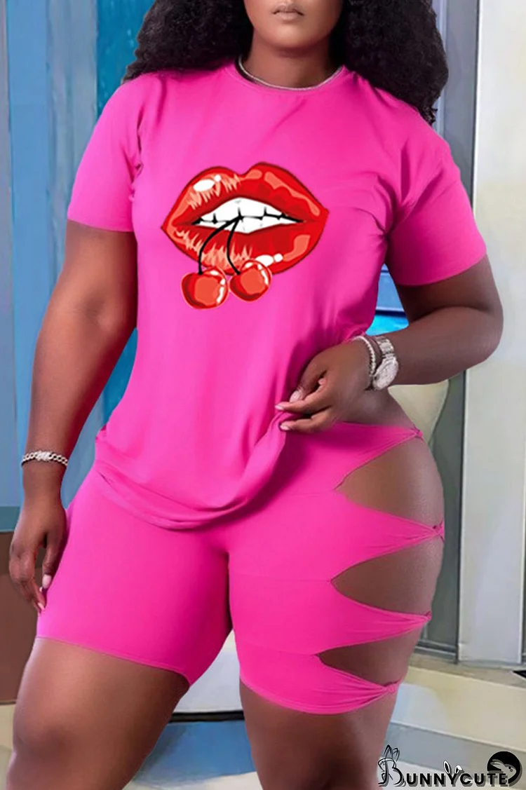 Pink Fashion Casual Lips Printed Ripped Hollowed Out O Neck Plus Size Two Pieces