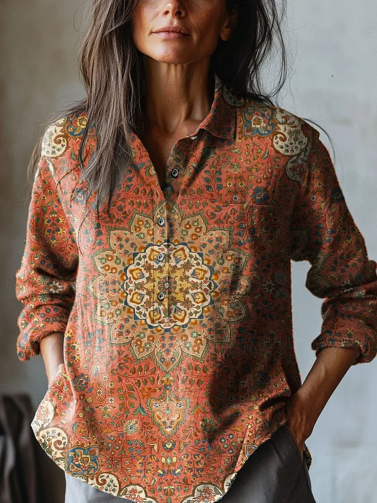Women's Vintage Lovely Floral Art Print Casual Cotton And Linen Shirt