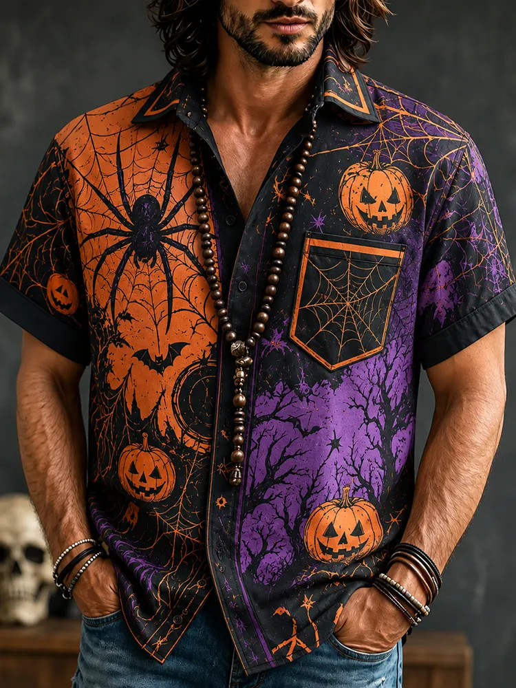 Men's Short Sleeve Lapel Casual Shirt With Split Color Spiderweb, Pumpkin, And Bat Print