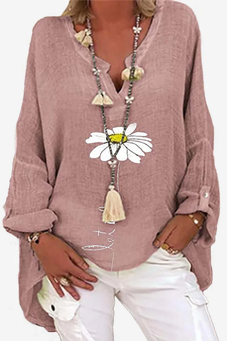 Irregular Neck Roll Up Sleeve Irregular Hem Floral Butterfly printed linen Linen Casual Top