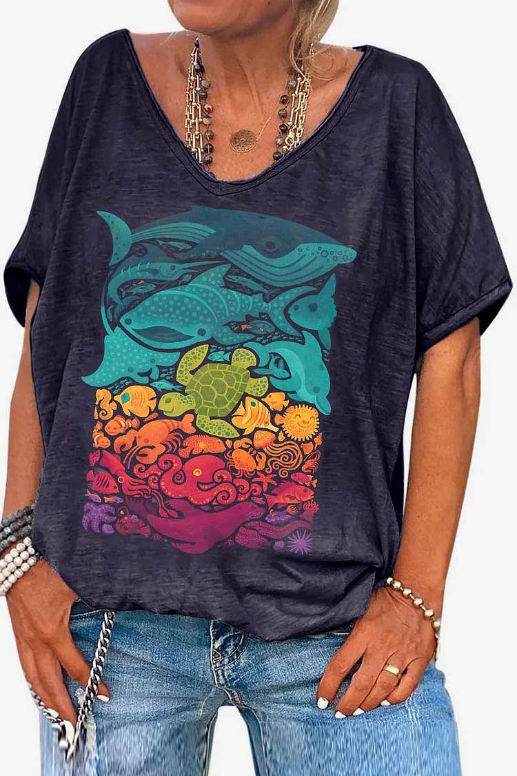 V Neck Shark Short Sleeve Black Track Top