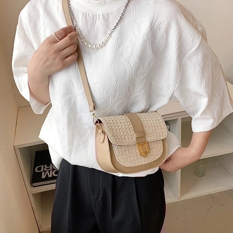 Women’s Small Straw Solid Color Basic Square Flip Cover Shoulder Bag