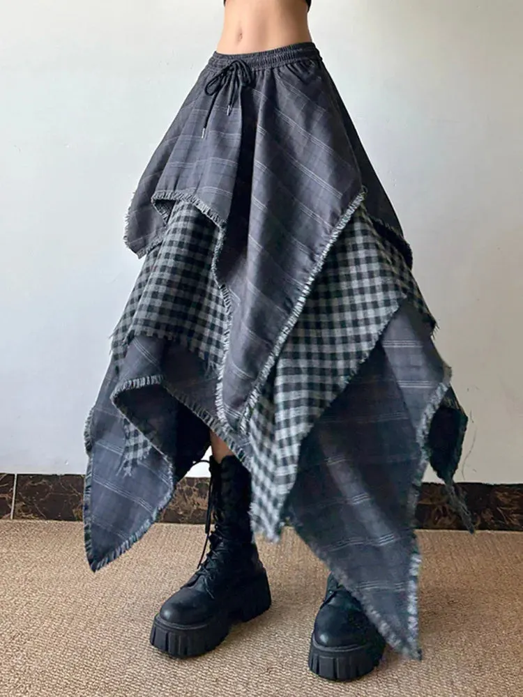Punk Gray Asymmetrical Plaid Patchwork A-line Skirt