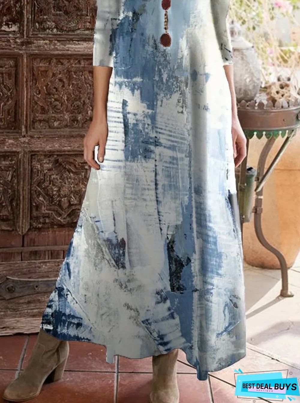 O-Neck Long-Sleeved Retro Oil Paint Brush Print Maxi Dress