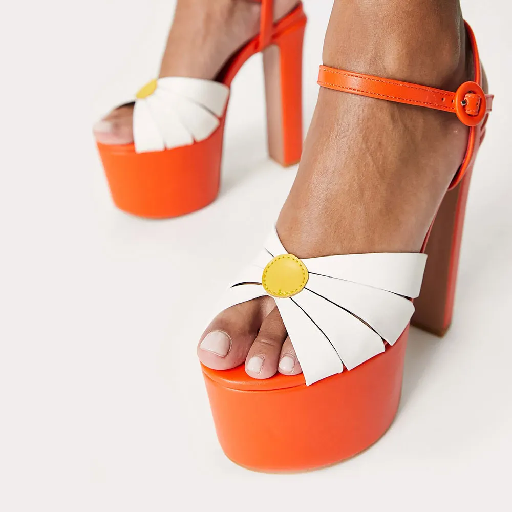 Fashion Orange Peep Toe White Floral Strappy Platform Heel Sandals