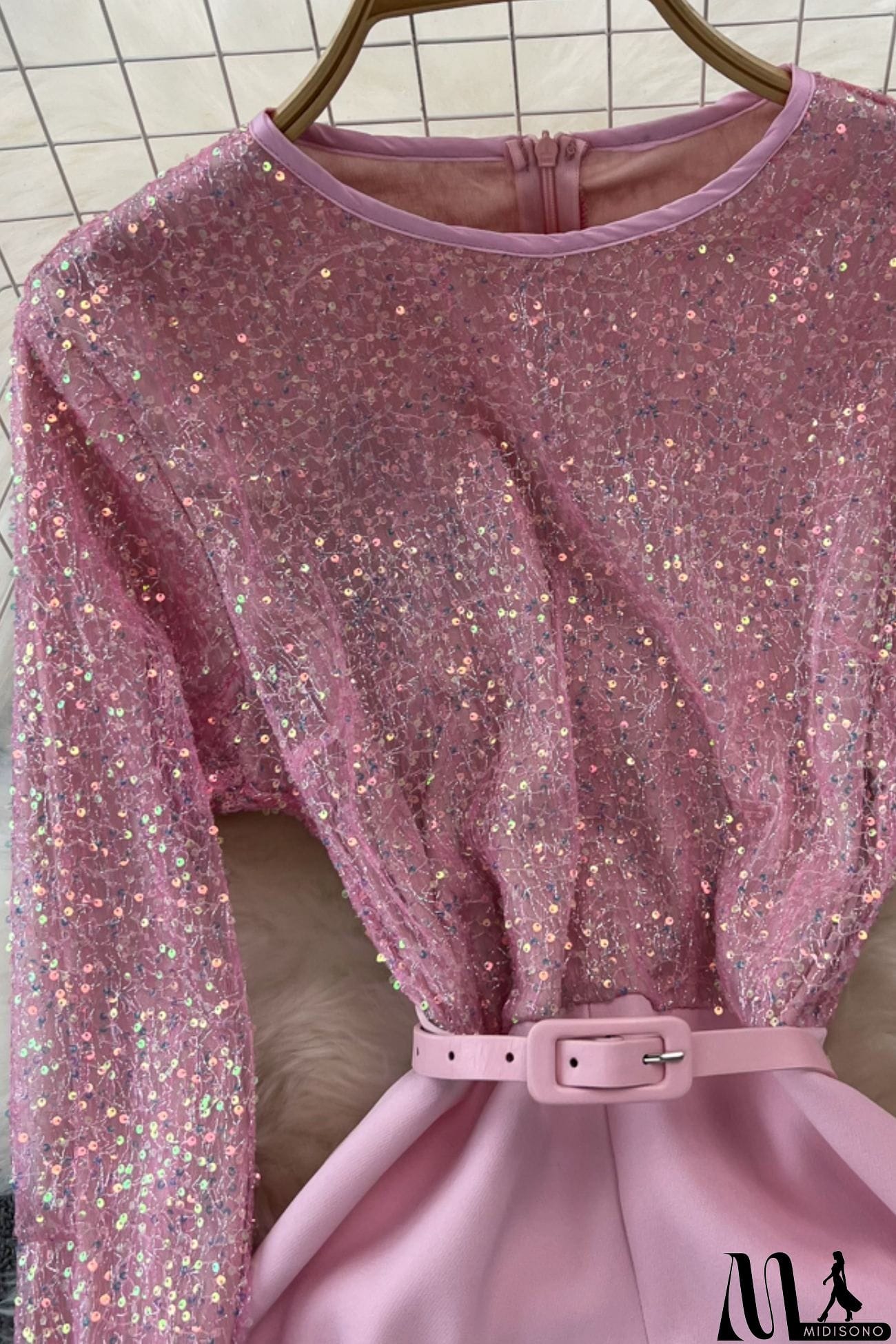 MidiSono - Fuzzy Sleeves Glitter Patchwork Jumpsuits