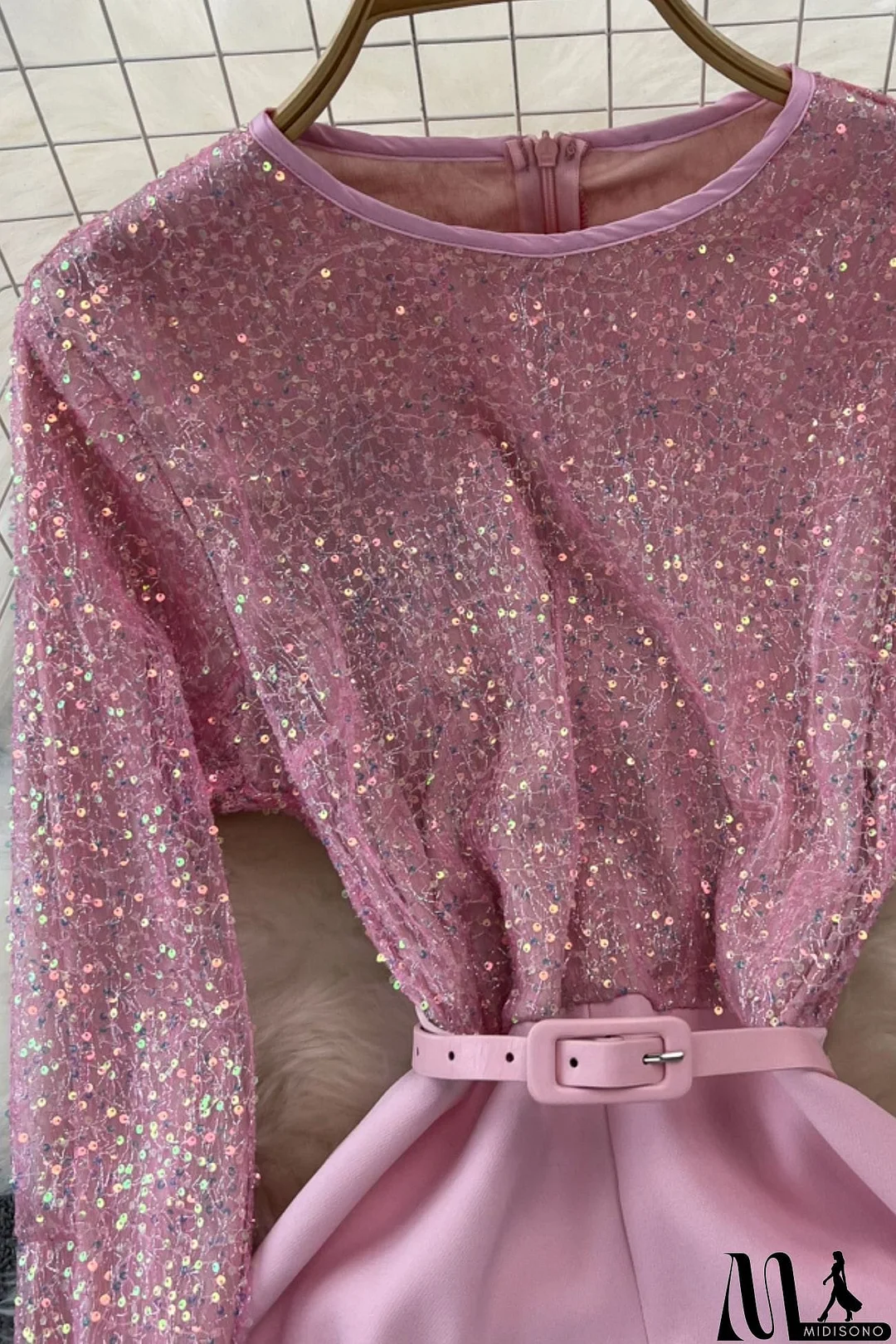 MidiSono - Fuzzy Sleeves Glitter Patchwork Jumpsuits