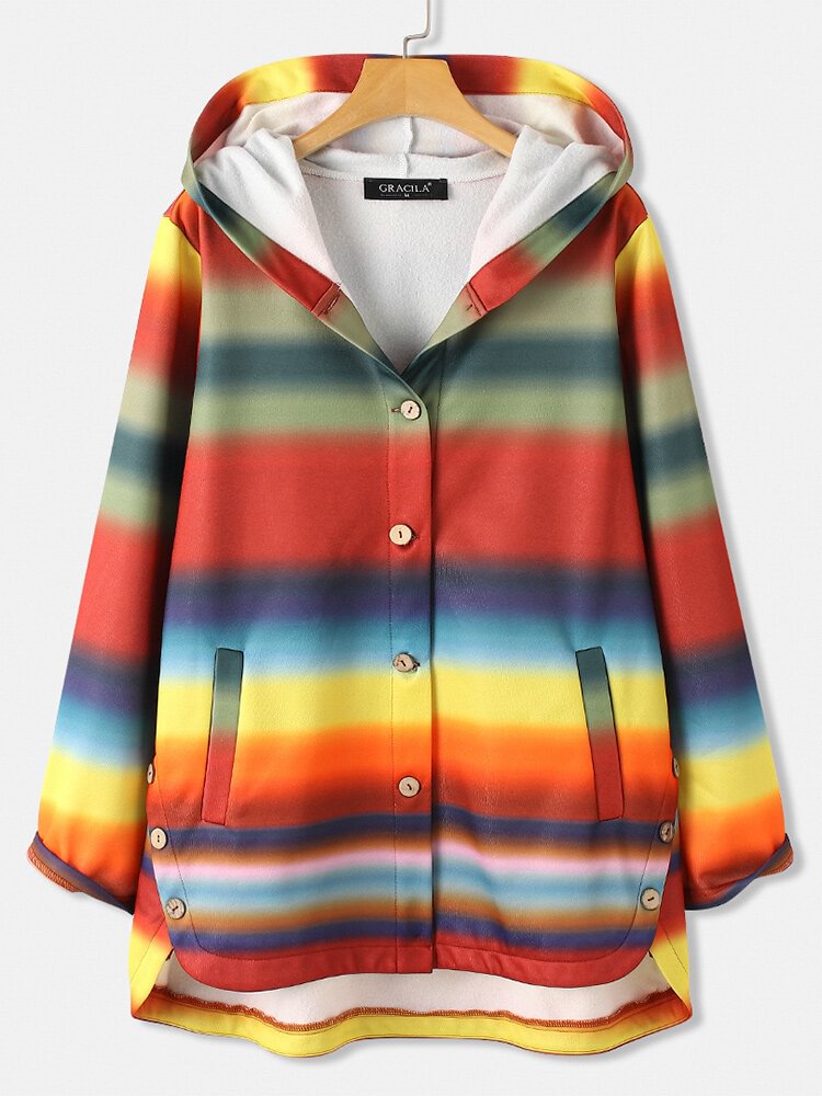 Colorful Striped Print Pocket Button Long Sleeve Casual Coat for Women
