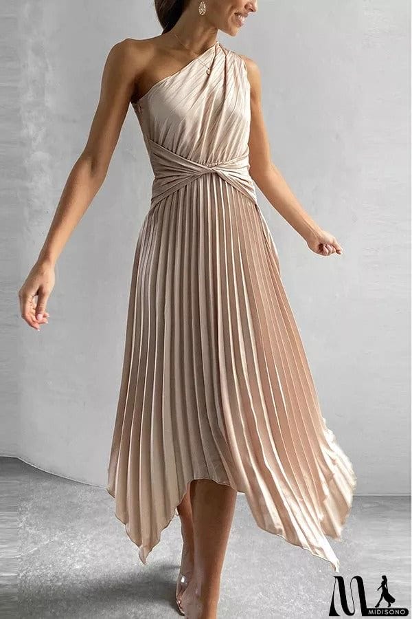 MidiSono - Satin One Shoulder Pleated Midi Dress
