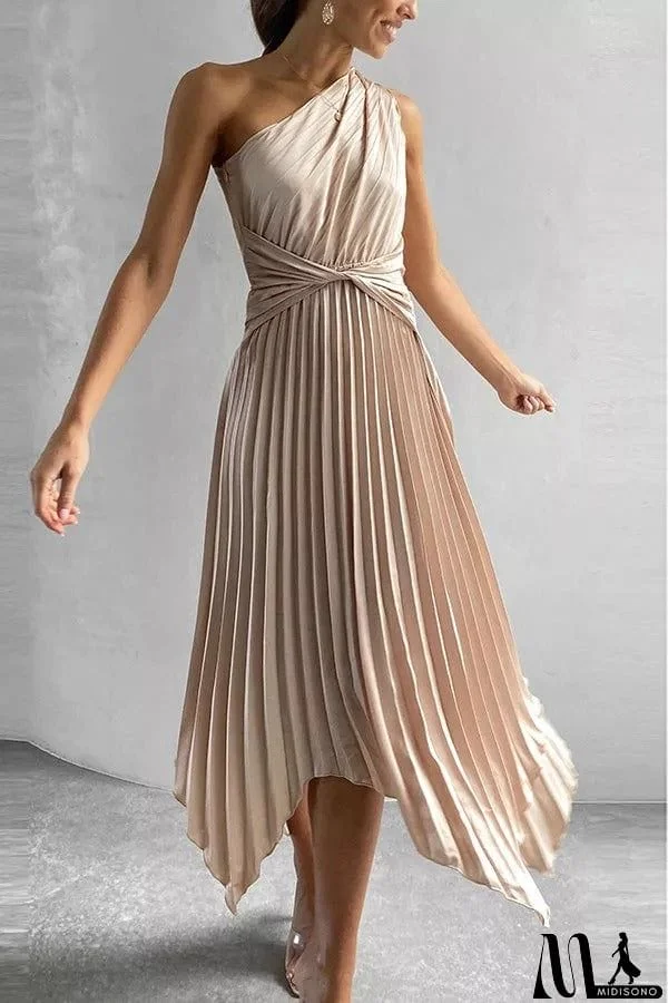 MidiSono - Satin One Shoulder Pleated Midi Dress