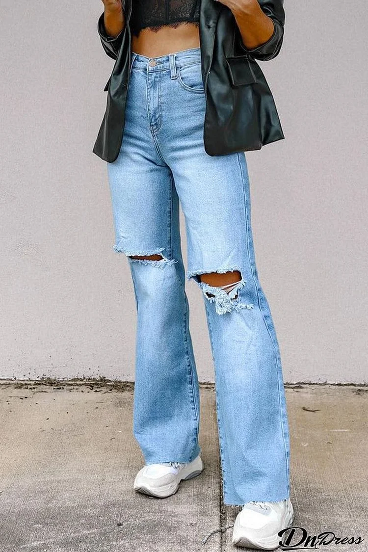 Street Solid Ripped High Waist Regular Denim Jeans