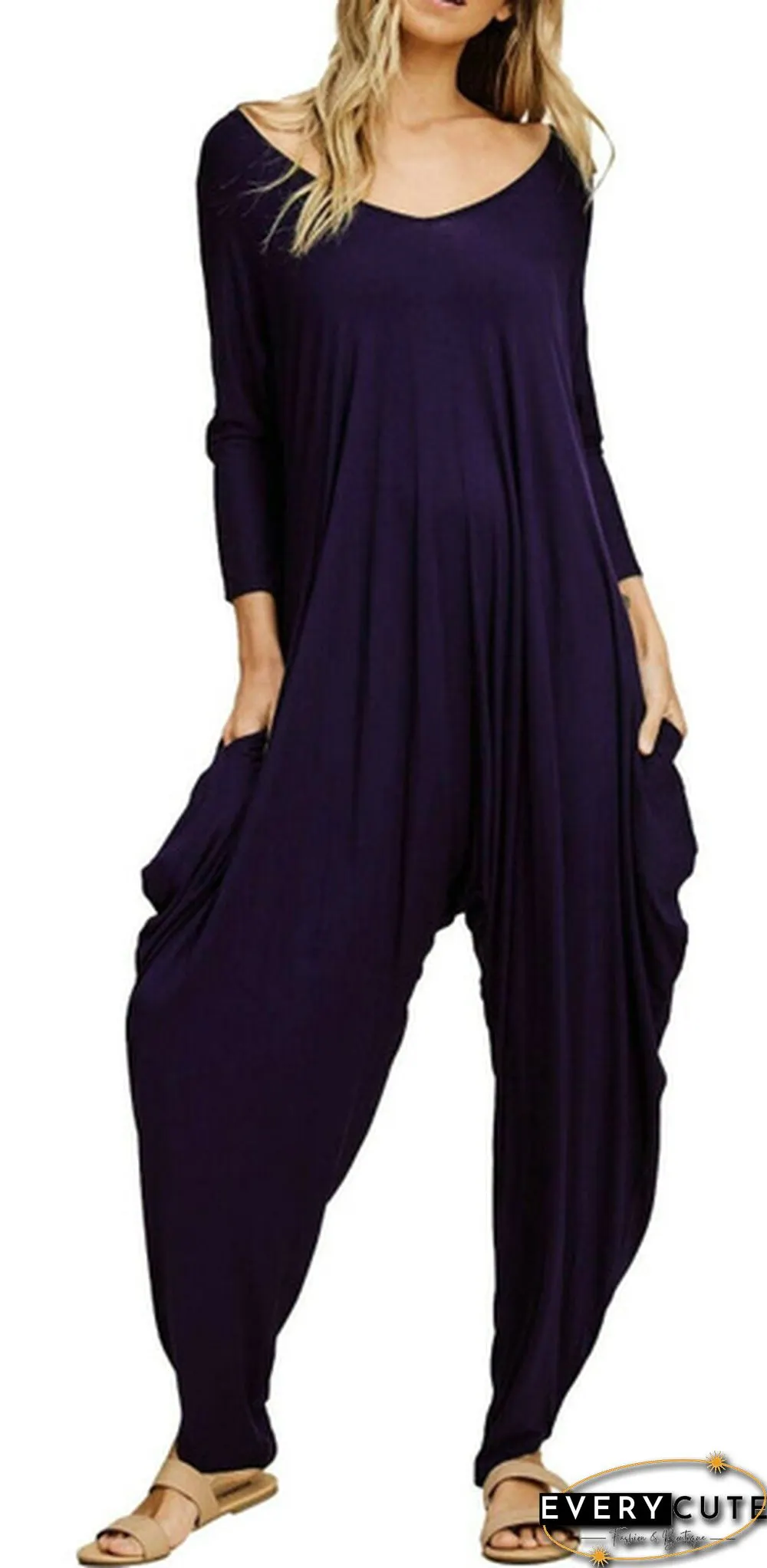 Re Tech UK Ladies Baggy Harem Jumpsuit Romper All In One V-Neck Cami Playsuit - 3/4 Sleeve