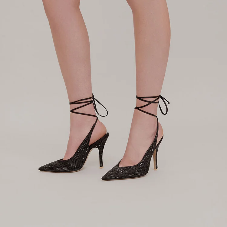 Black Lowcut Pump Heels Elegant Pointed Toe Rhinestones Shoes Weddng Ankle Strap Stilettos |FSJ Shoes