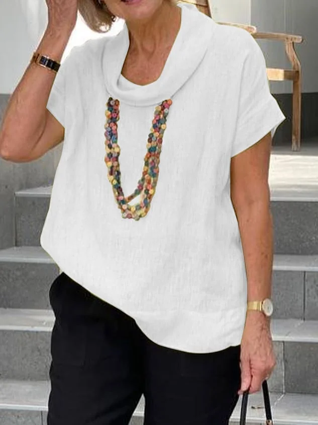 Women Loose White Summer Cowl Neck Short Sleeve Cotton And Linen Tunic Top