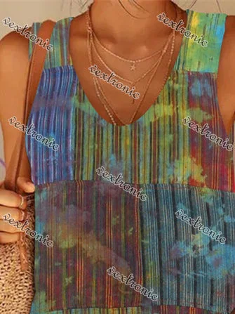 Women's Colorful Scoop Neck Sleeveless Striped Printed Tops