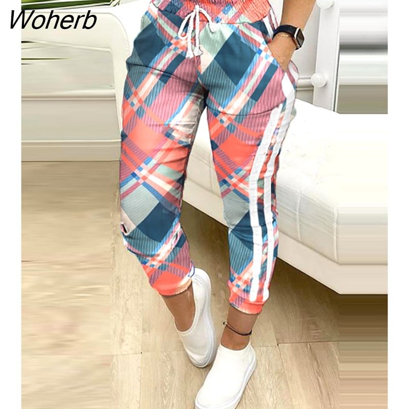 Woherb Autumn Women Plaid Colorblock Casual Pants 2022 Femme New Cargo Trousers Ladies Pocket Design Drawstring Fashion Bottoms