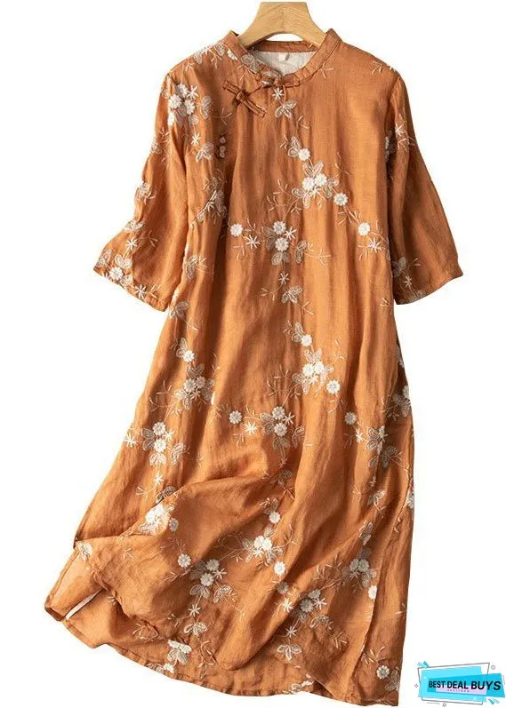 Vintage Orange Embroideried Chinese Button Patchwork Linen Dress Summer