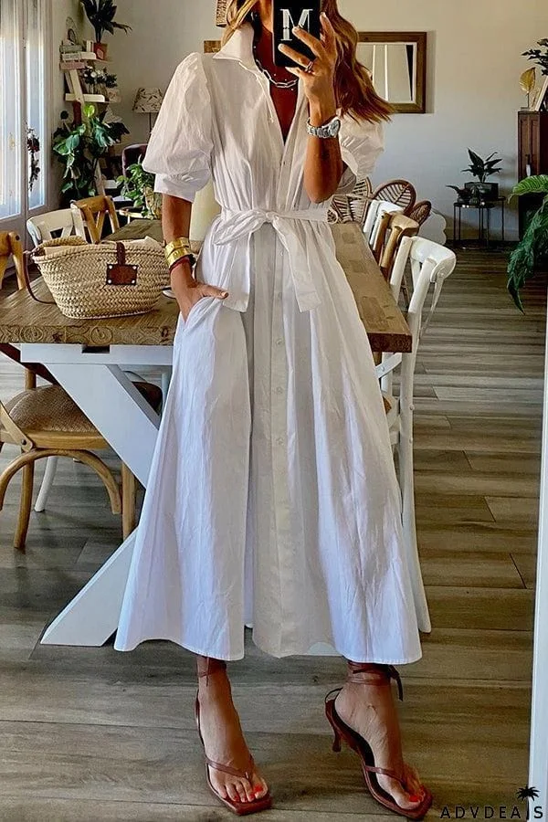 Vintage Pocketed Shirt Midi Dress