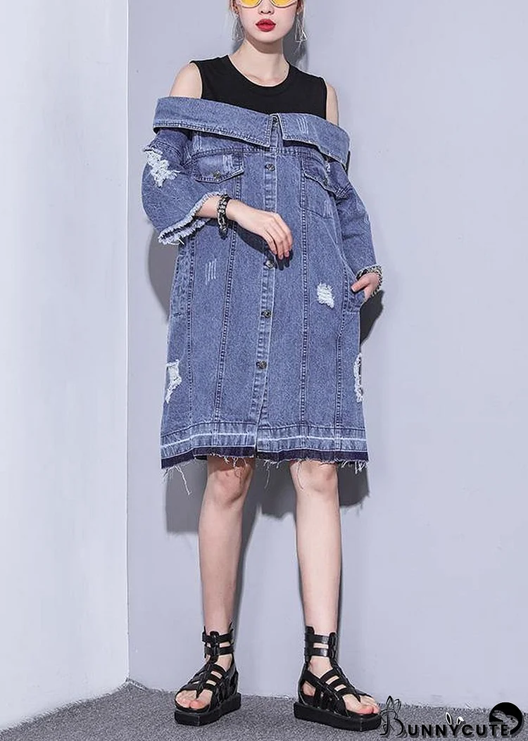 100% denim blue Cotton Long Shirts Slash neck oversized summer Dresses