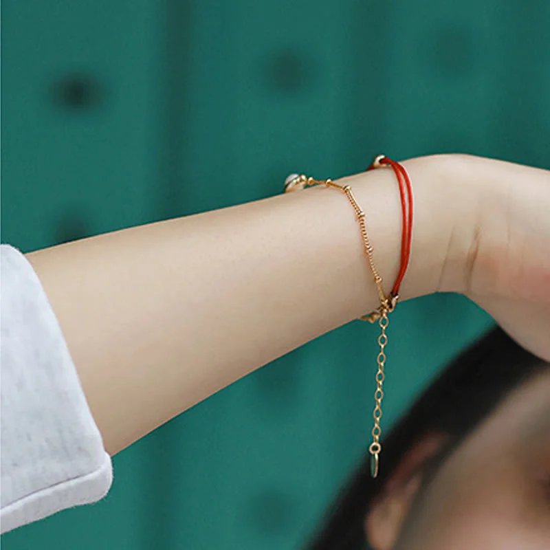 Luck Red String 14K Gold Plated Pearl Bead Double Layer Bracelet