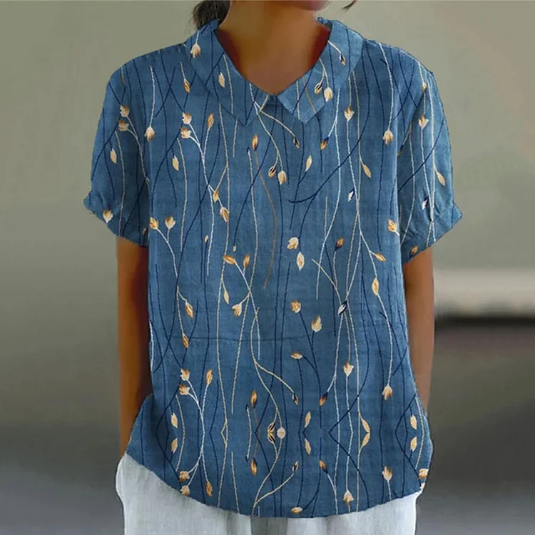 Comstylish Retro Floral Embroidery Art Short Sleeve Lapel Shirt