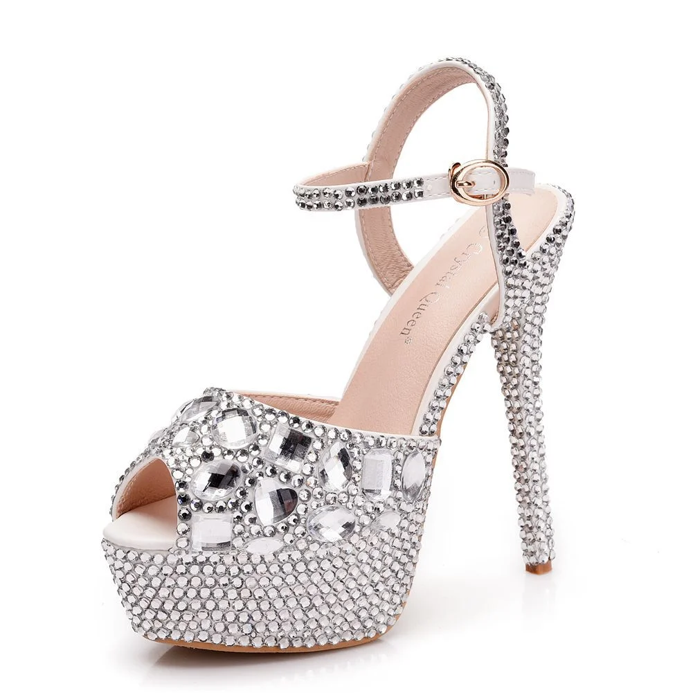 Breakj Breakj Fish Mouth High-Heeled Sandals Fine Heel Water Diamond Wedding Shoes Bride Shoes Color Diamond Crystal Sandals Full Of Diamond Shoes