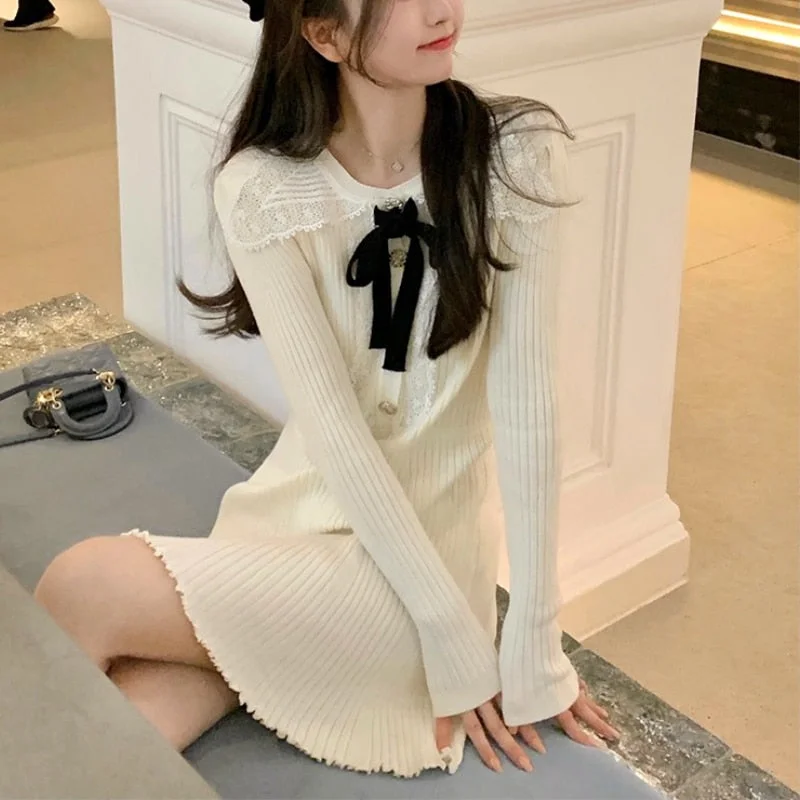 Graduation Gifts Billlnai  Sweater Dress Women Casual Outwear Y2k Mini Knitted Dress Bow Lace Design One Piece Dress Korean Kawaii Clothing  Winter