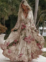 Women's Vintage Rose Floral Embroidery Art Casual V Neck Maxi Dress