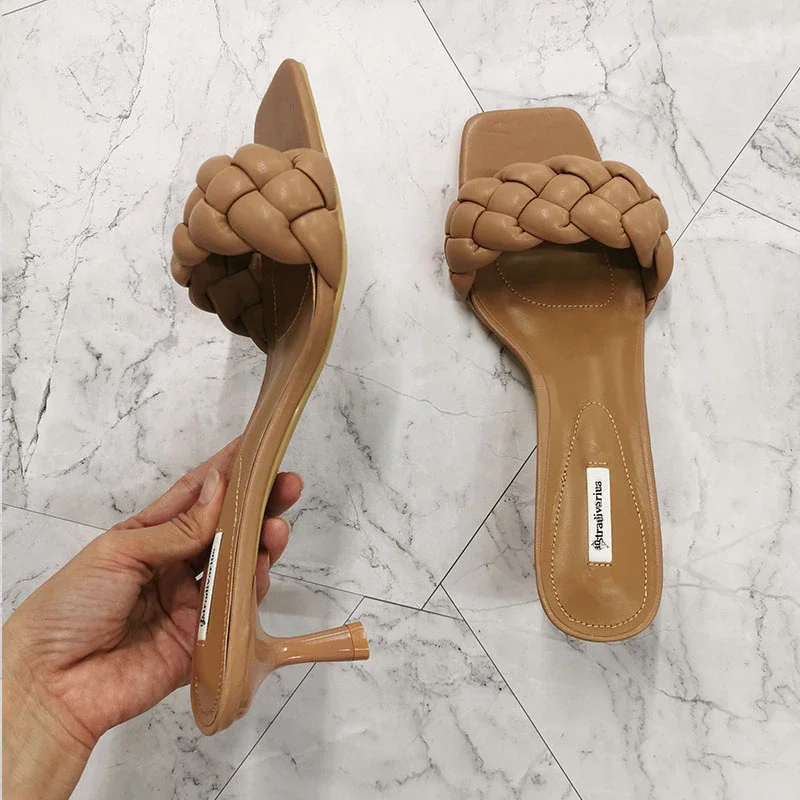 Qengg Square Toe Womens Sandals Shoes Summer Mules Sandals Sexy High Heel 5cm Slides Ladies Rome Shoes Thin Heels Woman Pumps