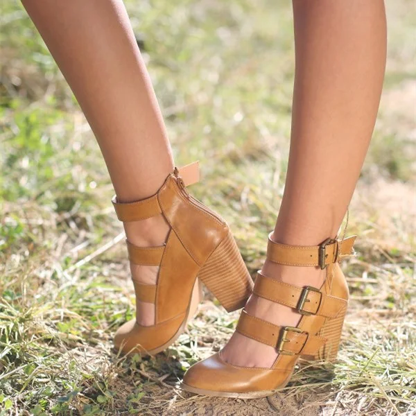 Tan Buckle Chunky Heels Almond Toe Sandals |FSJ Shoes