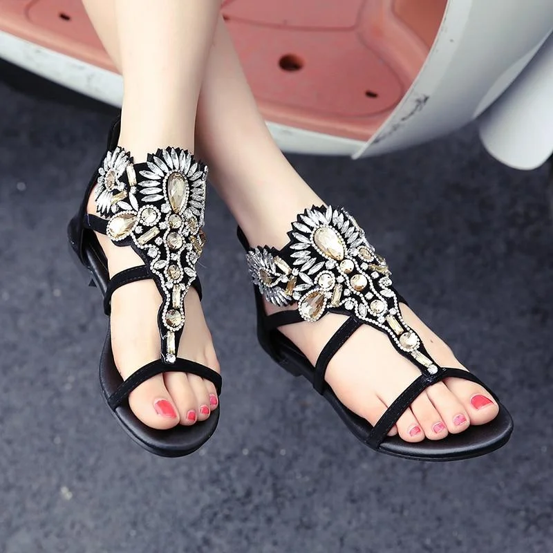 Rhinestone Luxury Diamond Roma Sandal Buckle Strap Flat Sandals
