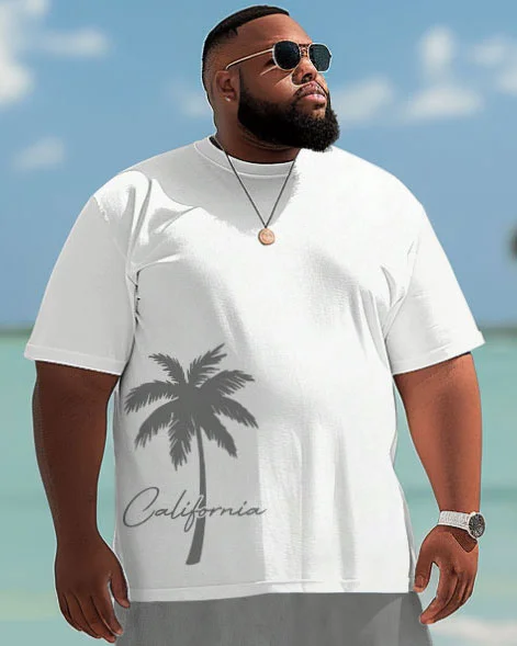 Hawaiian Tropical Coconut Tree Alphabet Print Shorts Men's Plus Size Suit