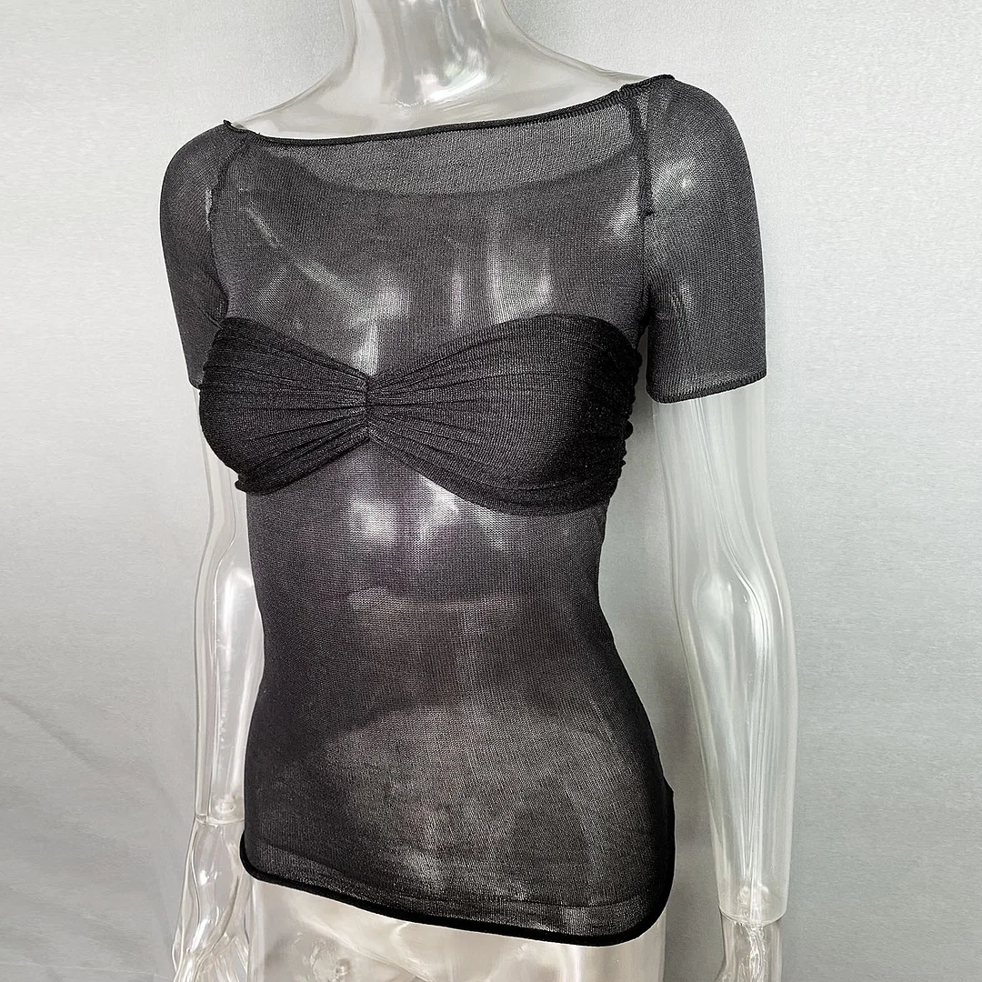 Uveng Spring And Summer Explosion Women's Dress A Word Collar Perspective Short-Sleeved T-Shirt Top