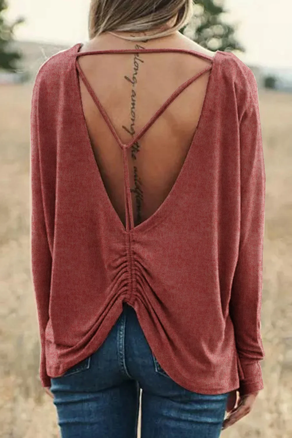 Pink Hollow-out Ruched Back Long Sleeve Top | IFYHOME