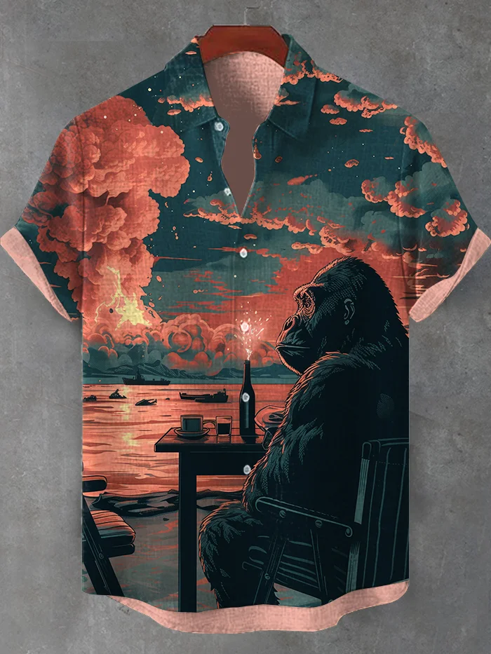 Men's Retro Lazy Gorilla Seaside Sunset Art Print Shirt
