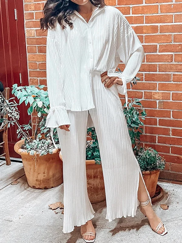 Flared Sleeves Long Sleeves Buttoned Drawstring Pleated Solid Color Split-Side Lapel Shirts Top + Pants Bottom Pajama Sets