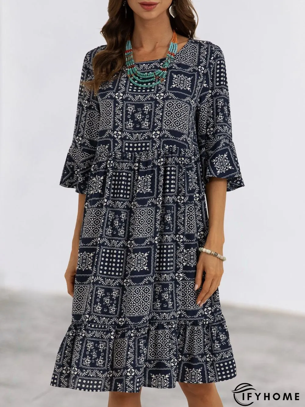 Purplish Blue Printed Shift Half Sleeve Holiday Mini Dress | IFYHOME